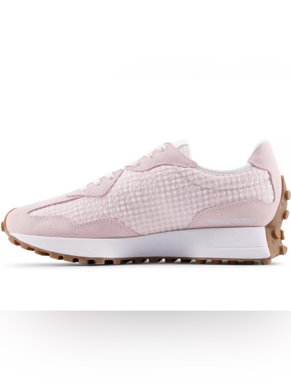 New Balance 327 Pink & White Gingham Women's Retro Runner Sneaker - Picture 3 of 16